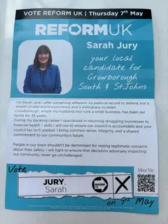 Front of the Reform UK election leaflet for Sarah Jury, candidate for Crowborough South & St Johns, with her statement to voters.
