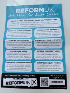 Reverse of the Reform UK election leaflet, headed Our Plan for East Sussex, with nine boxes of campaign items.